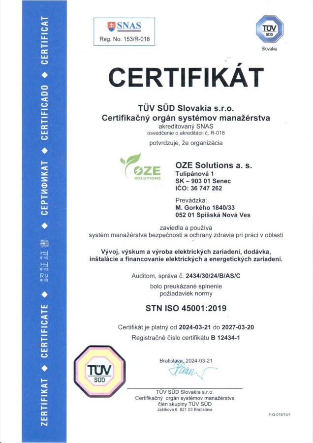 Certifikát STN ISO 45001:2019 — systém manažérstva BOZP (TÜV SÜD)