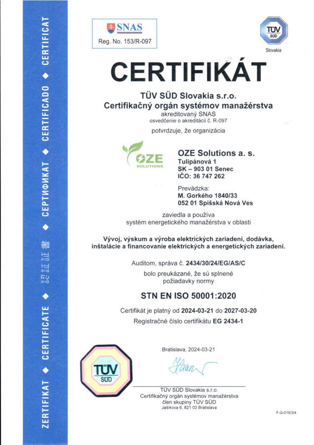 Certifikát STN EN ISO 50001:2020 — systém energetického manažérstva (TÜV SÜD)